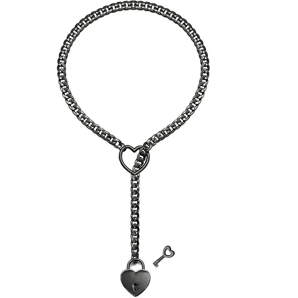 Adjustable Heart O-Ring Punk Rock Cuban Chain Necklace – Lariat Y-Style Necklace with Key & Heart Lock Pendant - FASHIST