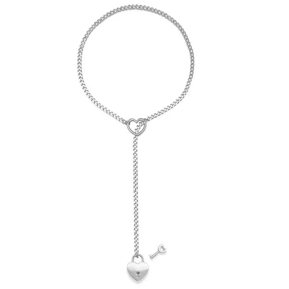 Adjustable Heart O-Ring Punk Rock Cuban Chain Necklace – Lariat Y-Style Necklace with Key & Heart Lock Pendant - FASHIST