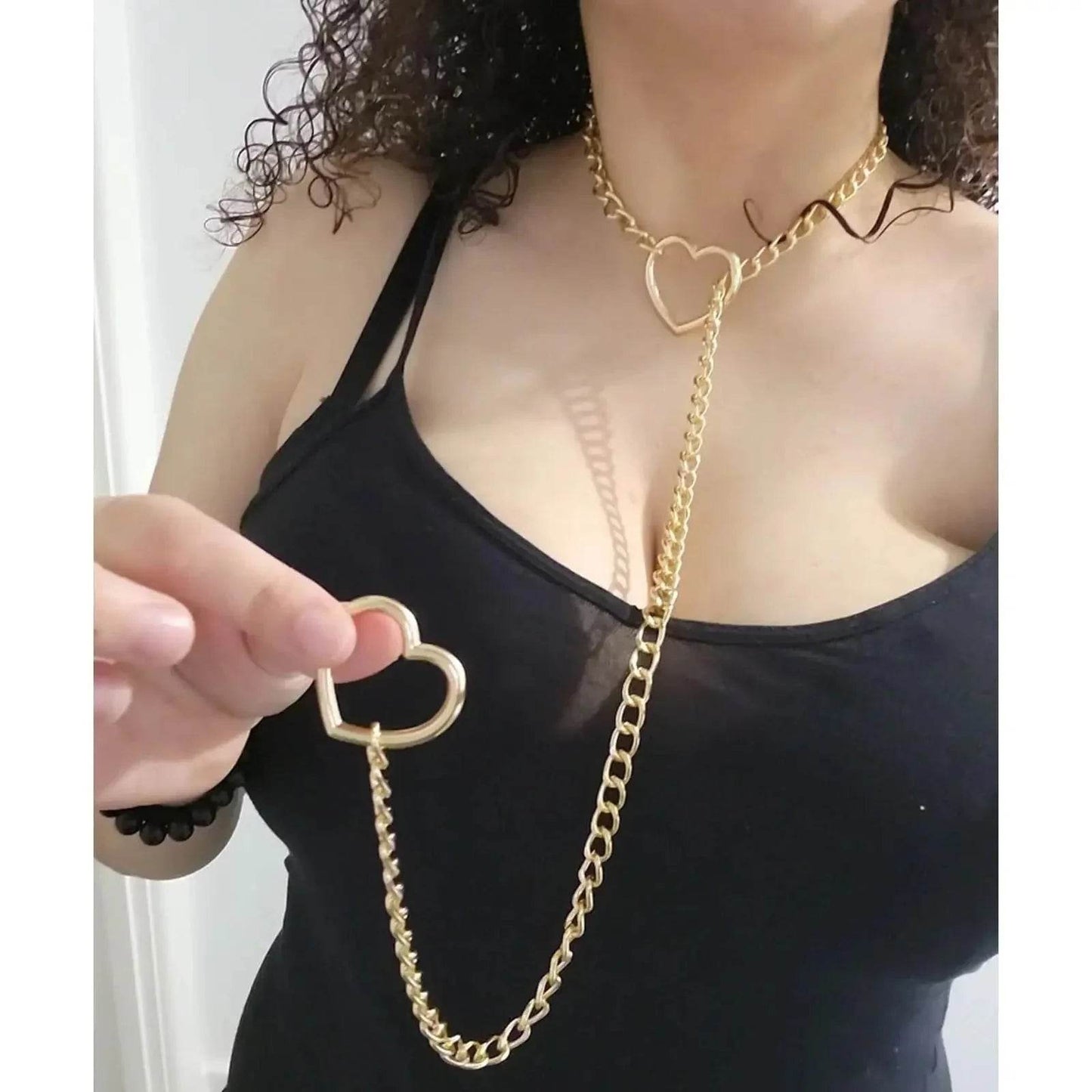 Adjustable Heart O-Ring Punk Rock Cuban Chain Necklace – Lariat Y-Style Necklace with Key & Heart Lock Pendant - FASHIST