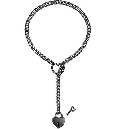 Adjustable Heart O-Ring Punk Rock Cuban Chain Necklace – Lariat Y-Style Necklace with Key & Heart Lock Pendant - FASHIST