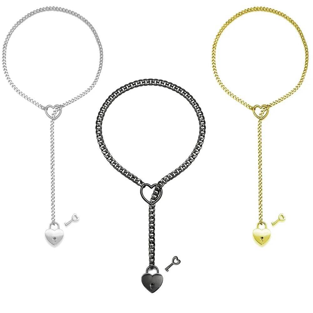 Adjustable Heart O-Ring Punk Rock Cuban Chain Necklace – Lariat Y-Style Necklace with Key & Heart Lock Pendant - FASHIST
