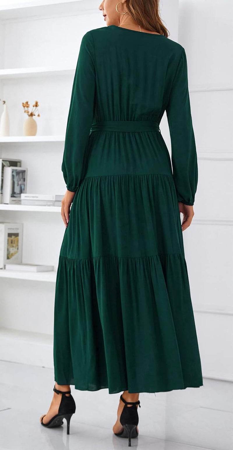Womens V Neck Long Sleeve Casual a Line Tiered Fall Vintage Party Midi Long Maxi Dress with Belt - FASHIST