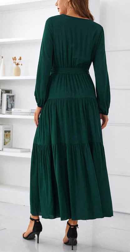Womens V Neck Long Sleeve Casual a Line Tiered Fall Vintage Party Midi Long Maxi Dress with Belt - FASHIST