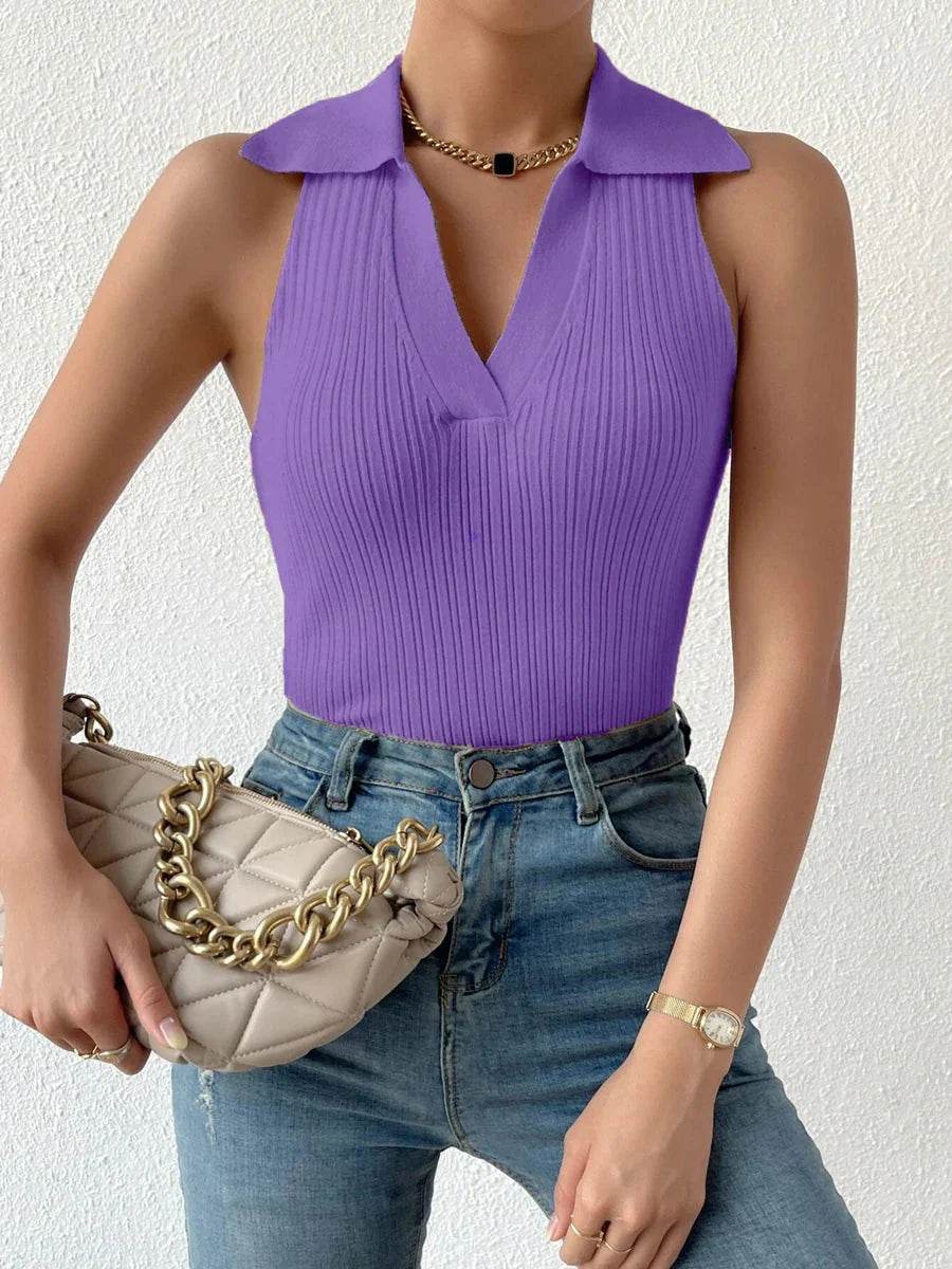 Summer V-Neck Ribbed Knit Crop Top - Sleeveless Turndown Collar in 10 Colors - FASHIST
