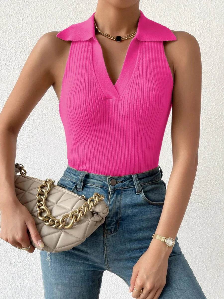 Summer V-Neck Ribbed Knit Crop Top - Sleeveless Turndown Collar in 10 Colors - FASHIST