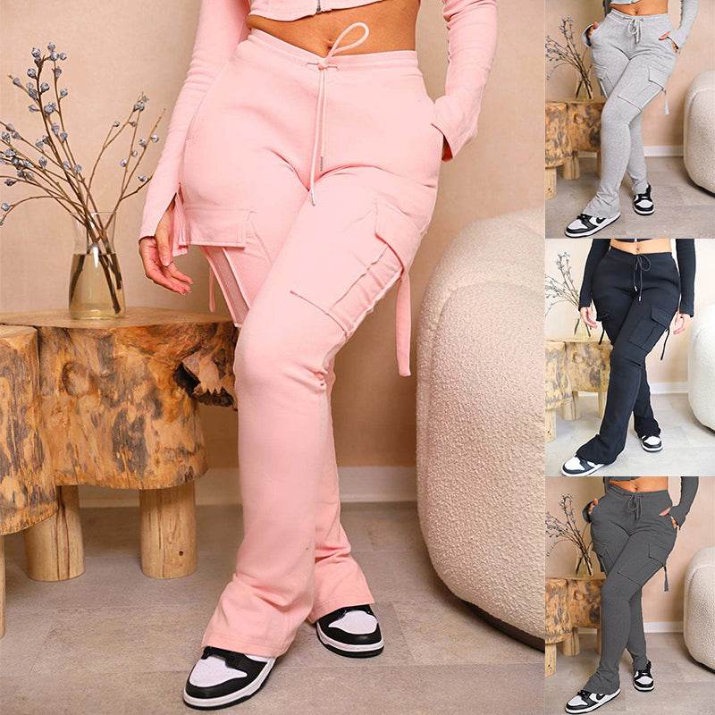 Cargo Pants with Pockets High Waist Drawstring Wide Leg Straight Trousers for Women Overalls - FASHIST