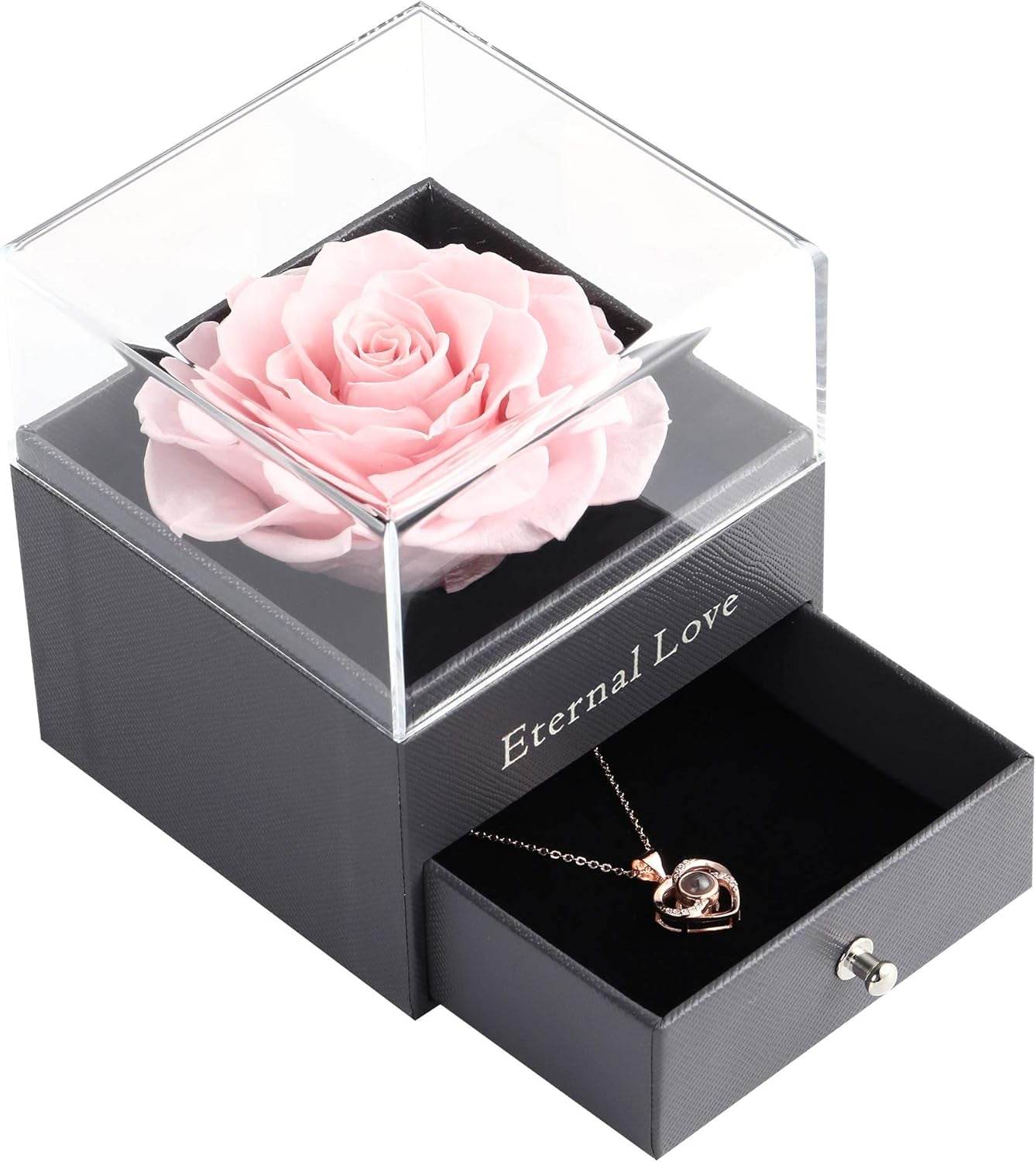 Preserved Real Pink Rose with Love You Necklace in 100 Languages Gift Set, Enchanted Real Rose Flower for Valentine'S Day Anniversary Wedding Bthday Romantic Gifts for Her (Pink Rose) - FASHIST