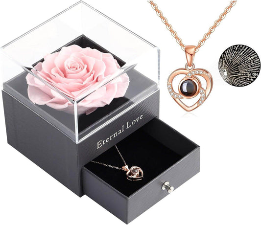Preserved Real Pink Rose with Love You Necklace in 100 Languages Gift Set, Enchanted Real Rose Flower for Valentine'S Day Anniversary Wedding Bthday Romantic Gifts for Her (Pink Rose) - FASHIST