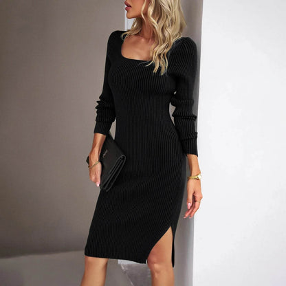 Elegant Ribbed Midi Dress with Side Slit - FASHIST