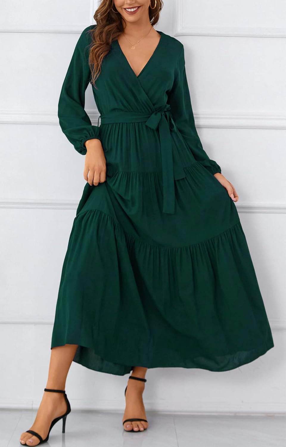 Womens V Neck Long Sleeve Casual a Line Tiered Fall Vintage Party Midi Long Maxi Dress with Belt - FASHIST