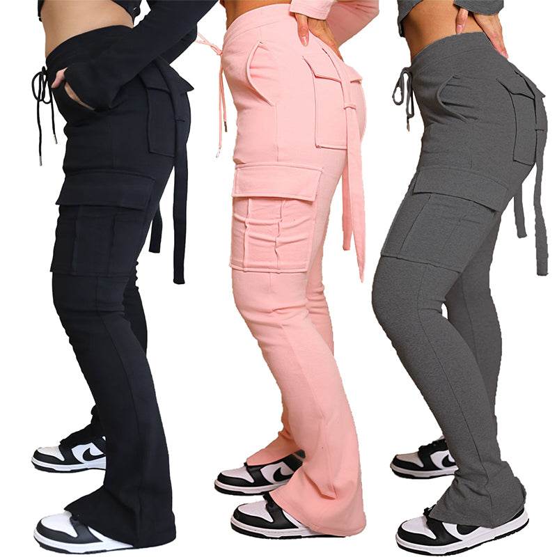 Cargo Pants with Pockets High Waist Drawstring Wide Leg Straight Trousers for Women Overalls - FASHIST