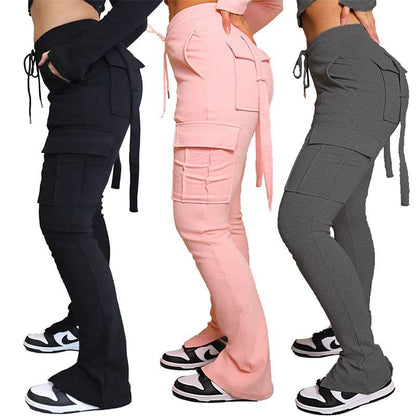 Cargo Pants with Pockets High Waist Drawstring Wide Leg Straight Trousers for Women Overalls - FASHIST