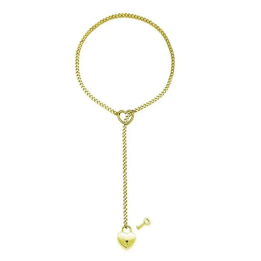Adjustable Heart O-Ring Punk Rock Cuban Chain Necklace – Lariat Y-Style Necklace with Key & Heart Lock Pendant - FASHIST