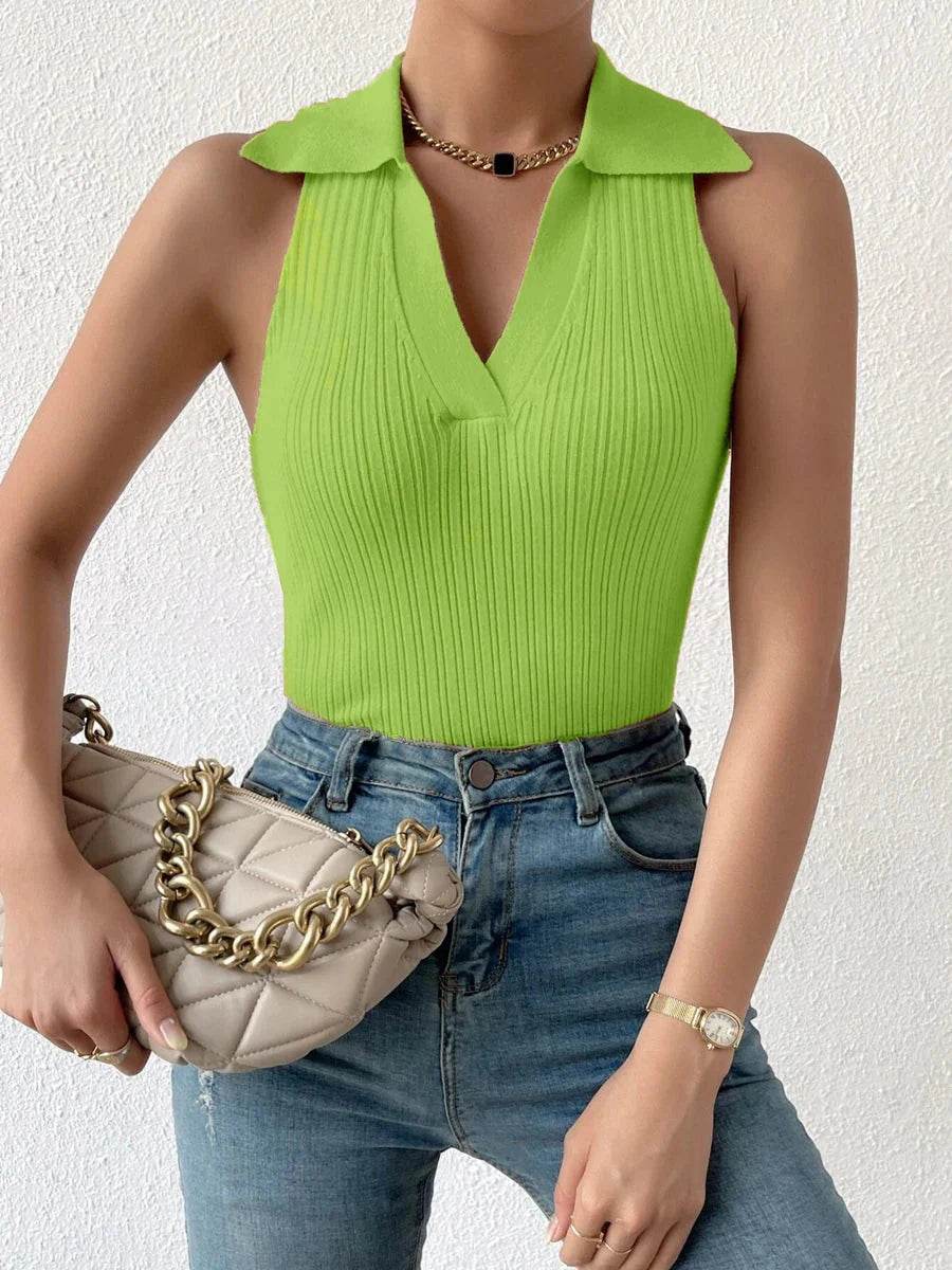 Summer V-Neck Ribbed Knit Crop Top - Sleeveless Turndown Collar in 10 Colors - FASHIST