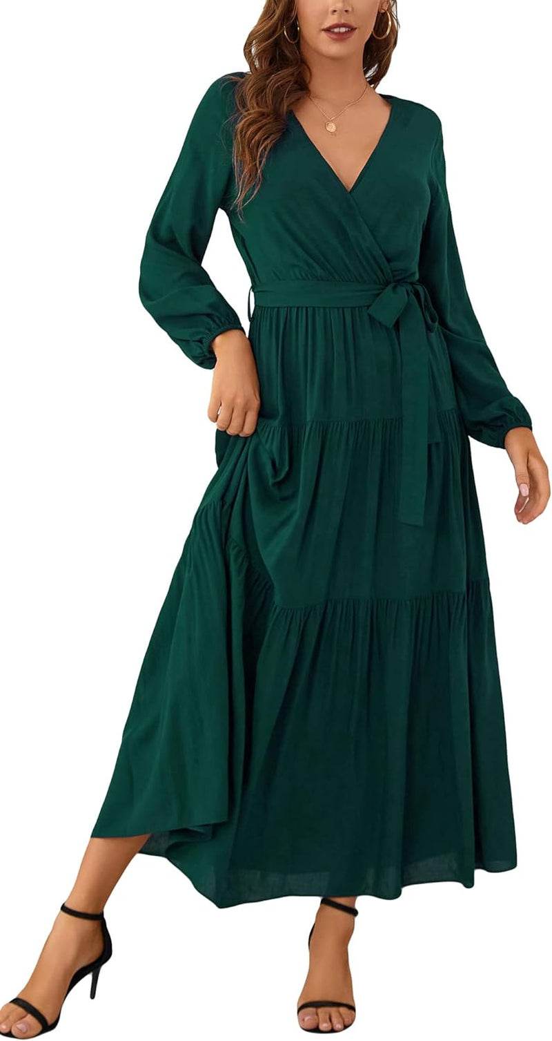 Womens V Neck Long Sleeve Casual a Line Tiered Fall Vintage Party Midi Long Maxi Dress with Belt - FASHIST