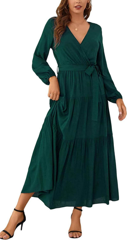 Womens V Neck Long Sleeve Casual a Line Tiered Fall Vintage Party Midi Long Maxi Dress with Belt - FASHIST