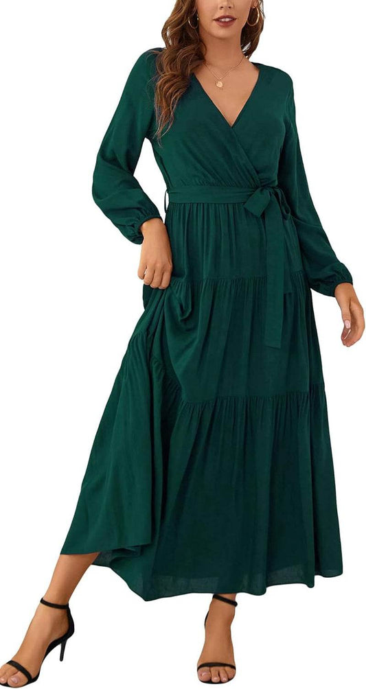 Womens V Neck Long Sleeve Casual a Line Tiered Fall Vintage Party Midi Long Maxi Dress with Belt - FASHIST